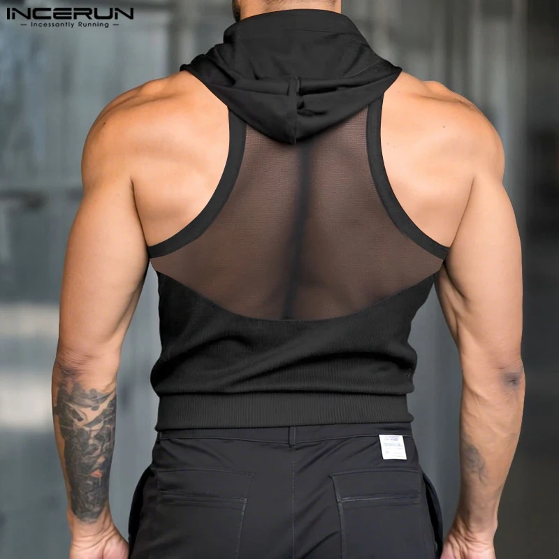 INCERUN Summer Men Tank Tops Mesh Patchwork Hooded Zipper Sleeveless Male Vests Streetwear 2025 See Through Fashion Men Clothing