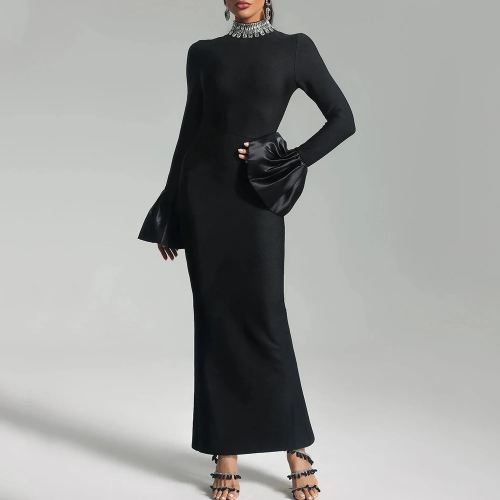 

Flechazo High Neck with Crystal Evening Dress Long Flare Sleeves Ankle Length Sheath Straight Women Back Slit Party Gowns