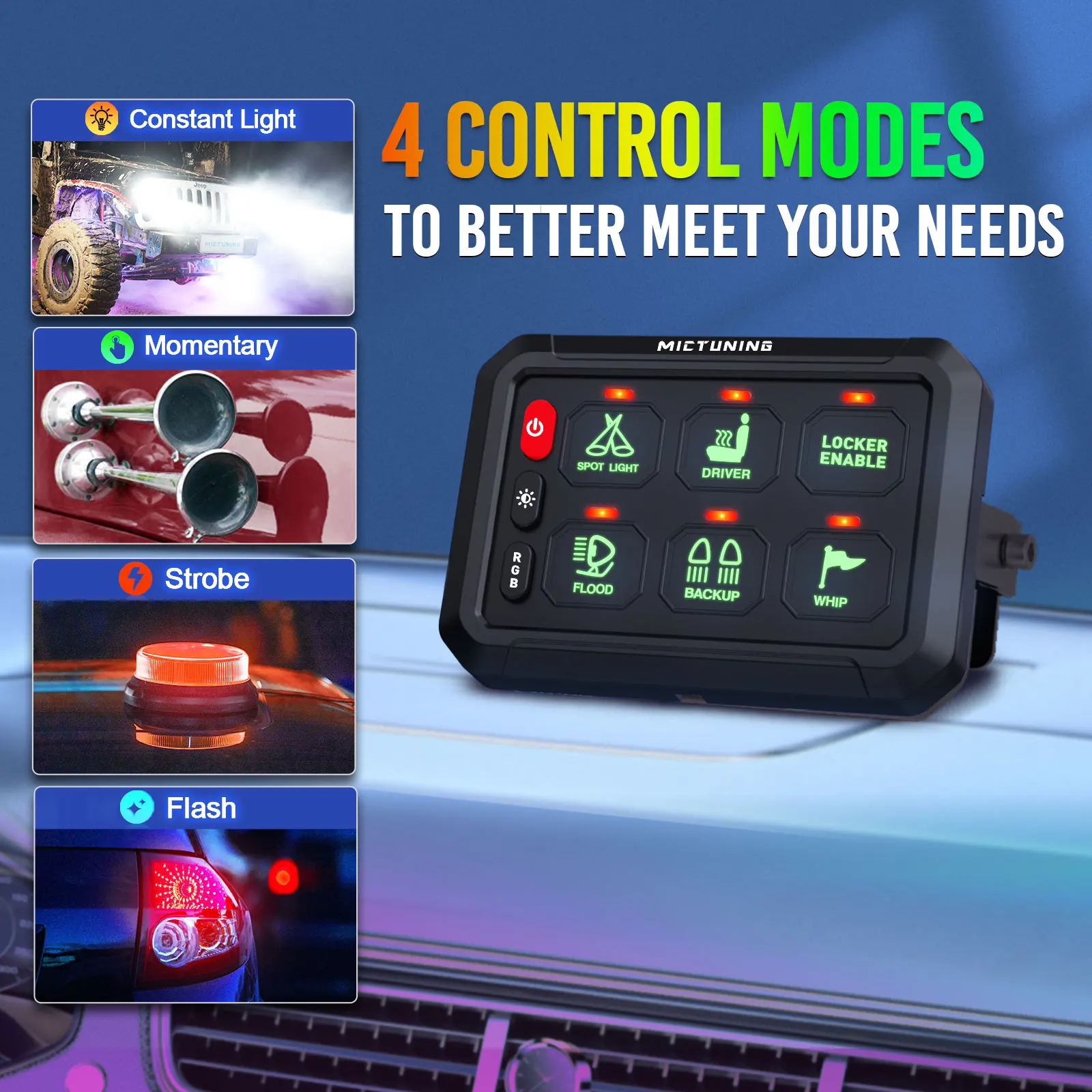 MICTUNING P1s RGB 6 Gang Switch Panel Multifunction Toggle Momentary Strobe Pulsed Switch Pod Adjustable RGB Colors Brightness