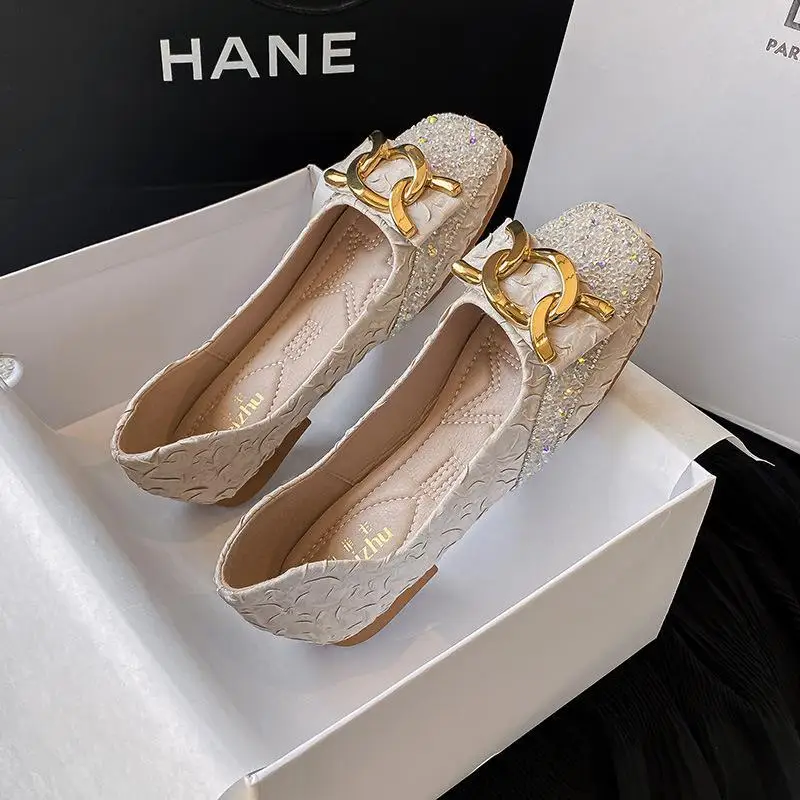 Plus Big Size Flat Shoes Square Toe Lock Flats Female Casual Women Shoes Soft Sole Glitter Woman Flats New Large Size Flats C155