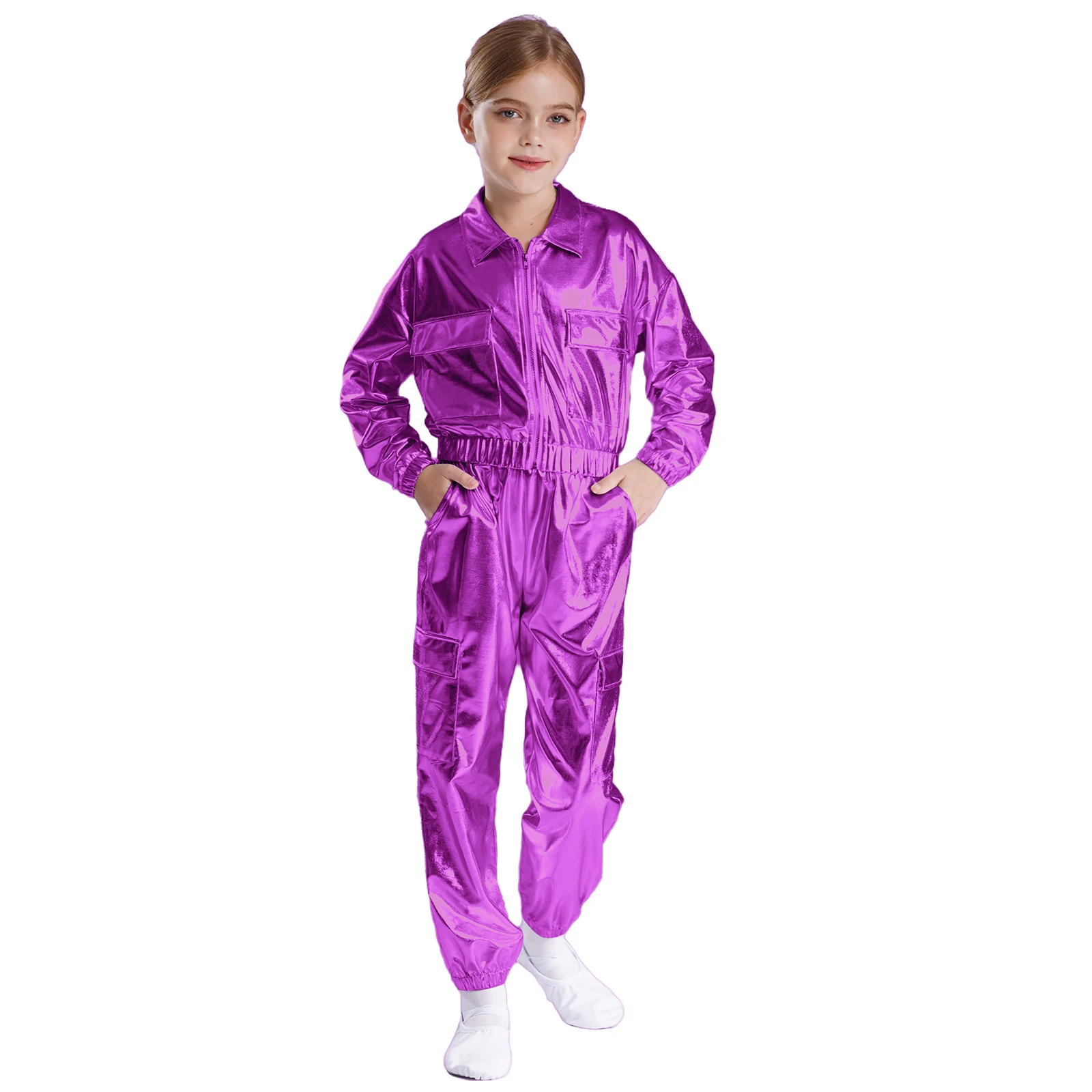 Kinder Jungen Mädchen Hip-Hop Metallic Jacke Mode Oberbekleidung mit glänzenden Hosen für Jazz Dance Kostüme Kinder Streetwear Outfits