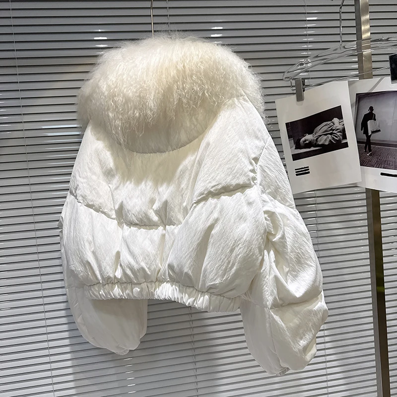 Winter Fashion Lamb Wool Collar Cotton Down Jacket Women Short White Duck Down Parker Outwears Female Loose Warm Button Jackets