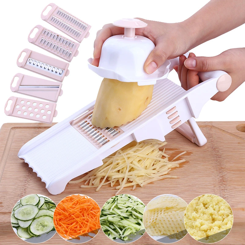 LMETJMA Mandoline Slicer With Stand Stainless Steel Vegetable Slicer With 5 Blades Potato Carrot Cucumber Slicer Cutter KC0015