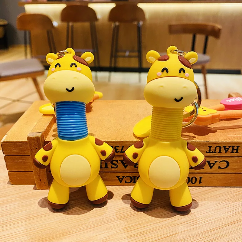 Creative Retractable Spring Toy Giraffe Doll Key Chain Nice Cloud Lemon Pendant Long-necked Deer Animal Keyring Girl Bag Trinket