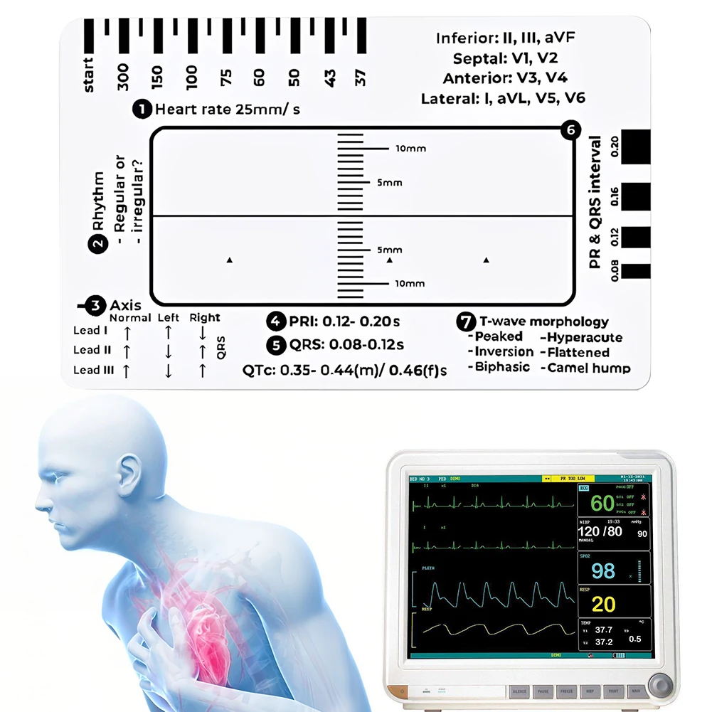 ECG 7 Step Ruler Portable Pocket-Sized EKG Measuring Card ECG Reference Tool for ECG Observation