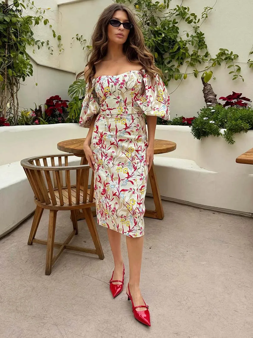 

Oymimi Fashion Apricot Print Dresses 2025 Woman Elegant Strapless Puff Sleeve Slim Dresses Autumn Straight Knee-Length Dress