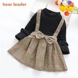 Bear Leader Girls Dress 2023 New Autumn Casual Long Sleeved Wooden Ear Edge Design Dress Fake Two Piece Strap Dress