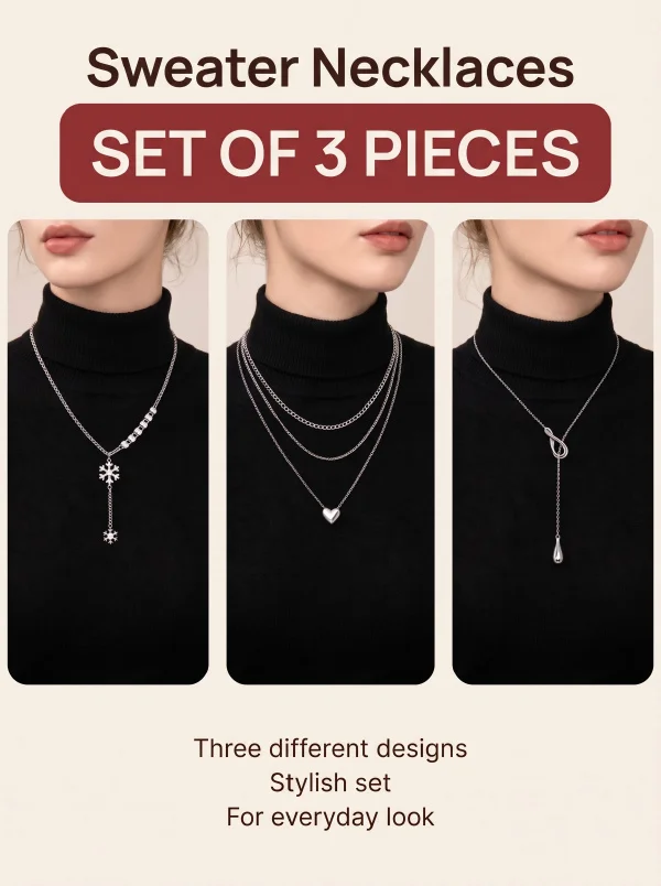 Women Sweater Necklace Set, 3Pcs Different Designs Long Chain Pendant Necklaces, Elegant Alloy Jewelry, Ideal Gift for Women Dai