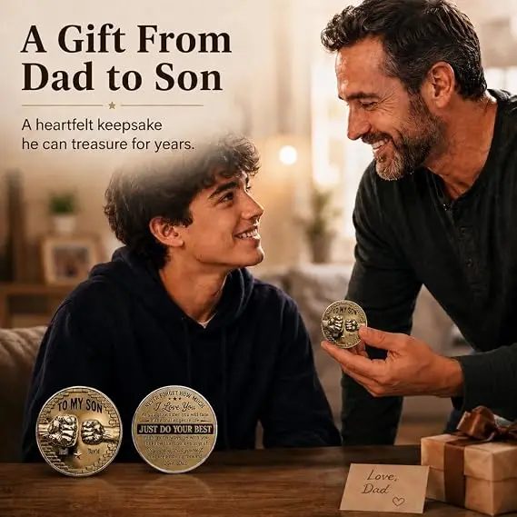 Personalisierte Taschenmünze für meinen Sohn von Papa, individueller Schlüsselanhänger mit Ledertasche, Vater-zu-Sohn-Erinnerungsgeschenk, Abschlussgeschenk – Detail 1
