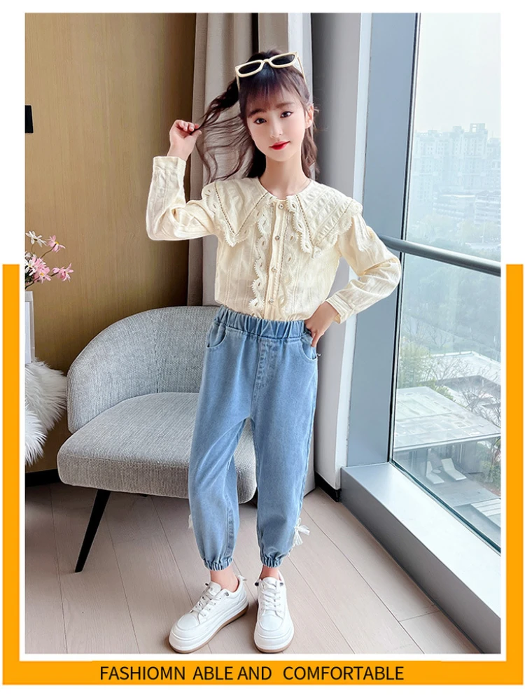 Girls Blouses Children 2024 New Autumn Collection White Blue Simple Casual Fashion Shirt Korean Simple Style Top Clothes