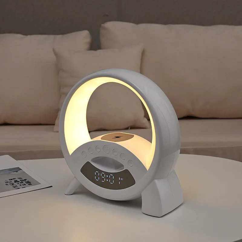 Tela Multifunções de Alto-Falante Bluetooth, Relógio Despertador, Luz Noturna, Carregamento Sem Fio, Som Deslumbrante Branco, Luz Ambiente, 15W