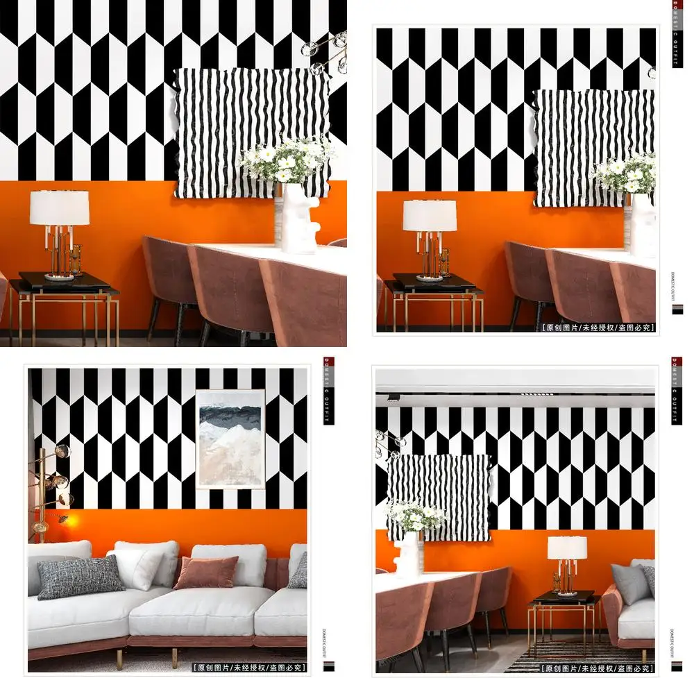 

Black and White Checkered Wallpaper Nordic Style Geometric Pattern Simple Orange Modern Living Room TV Background Wall Mural