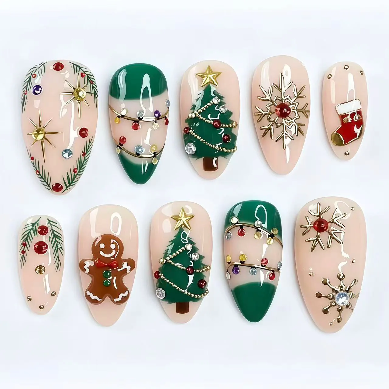 24Pcs Xmas Reusable Almond Press on Nails Christmas Tree Gingerbread Man Fake Nail Colorful Lights Gilded Snowflake Finger Nails