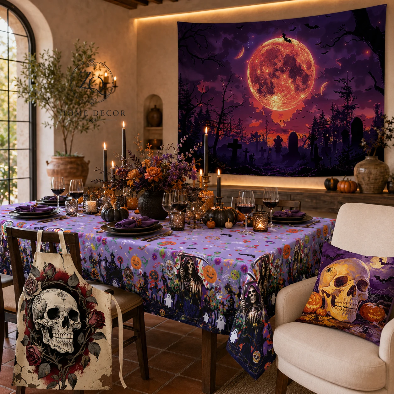 Halloween Decoration for Home, Blood Moon Tapestry, Purple Skull Tablecloth, Cushion Cover, Gothic Rose Apron