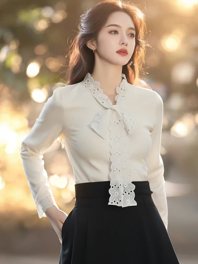 

Unique Faion Knot Long Sve Knitted irt Lace Patchwork Base Top Korean Sle Straight Cut Silk Women's irt