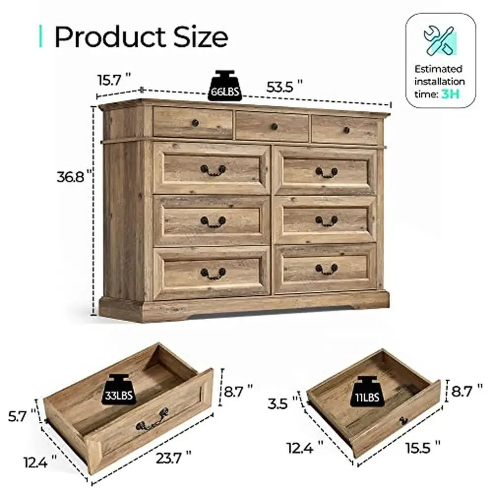 9-Drawer Wood Farmhouse Bedroom Tall Dresser Chest Closet Drawers Storage Solution TV Stand Bathroom Organizer Kit Wall Anchored