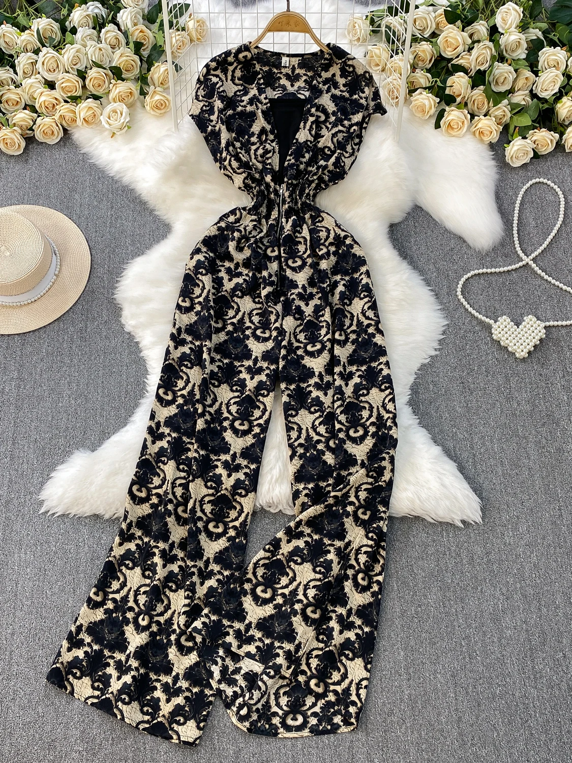 

Sexy Zipper V-ne ort Sve Jumpsuit Women's Summer Hot Girl High Waist Slim Print Wide Leg Pants Set Ladylike Commute Sle