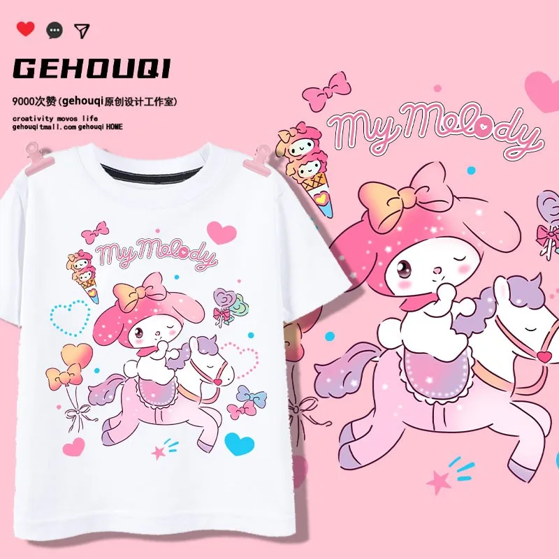 

Cartoon Melody Co-branded T-shirt Short Sleeve Bow Gothic Style Printed Girl Western Style Stylish Top Girl