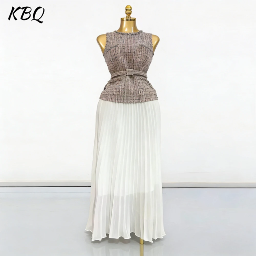 

KBQ Pink Spliced Sashes Two Piece Set Female O Neck Sleeveless Top French Literary Women's Skirt Sets Summer Fashion New Style