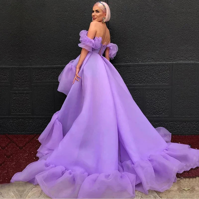 High Low Prom Dresses Arabic Lavender Ruffles Off the Shoulder Organza Evening Gown Girl Party Dress Maternity Photo Dress