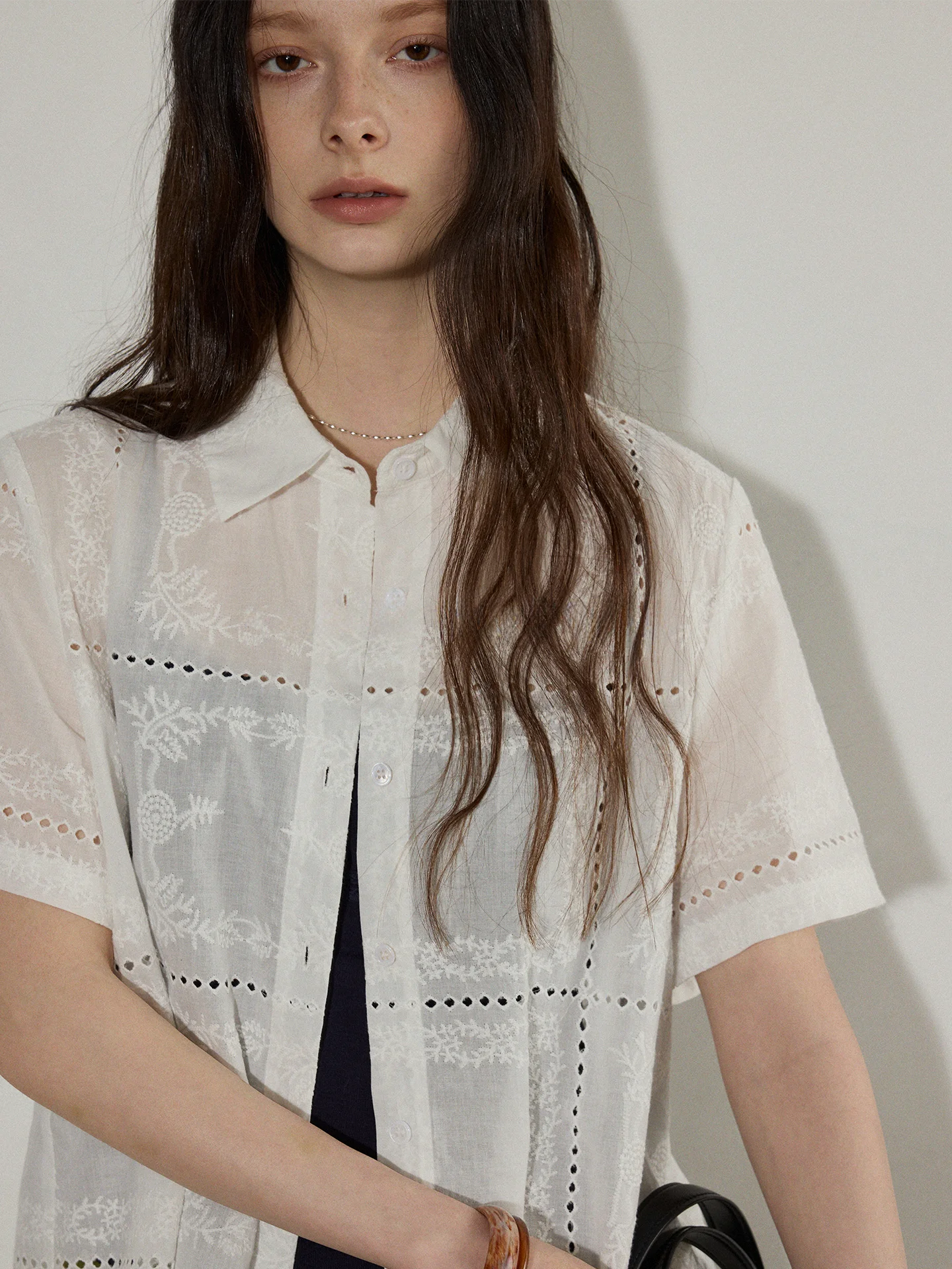 

Lofi Choose Hollow out Embroidery Collar Short Sleeve Versatile Shirt Women's Casual Fashion Summer Cotton Blend Blouse