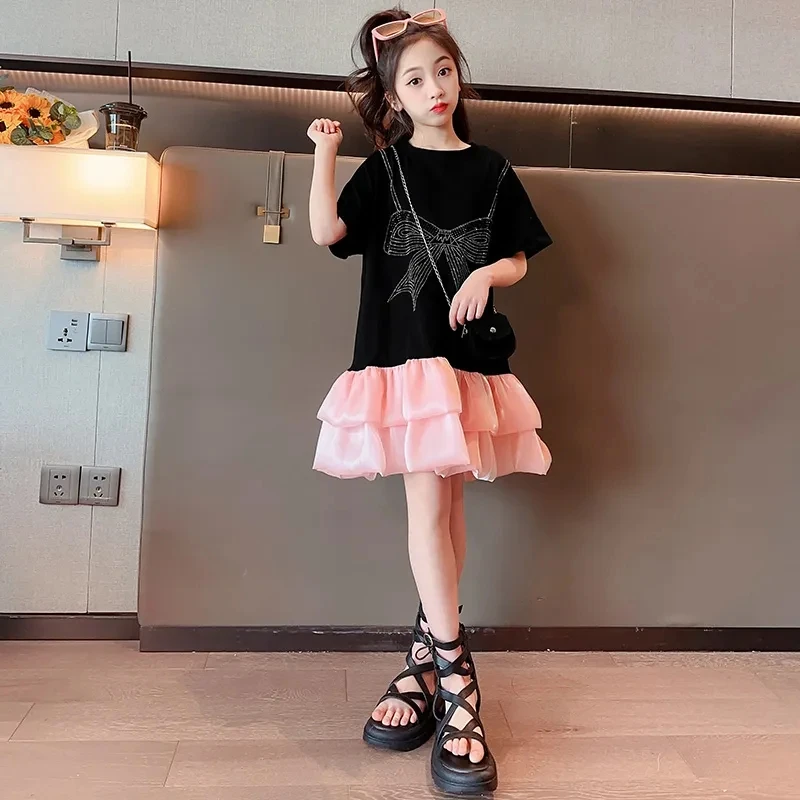 3-11Years Girls Summer Dress Children Patchwork Short Sleeve Dresses for Girls Cute Outfits Clothing Toddler Blackless Dress 8 9