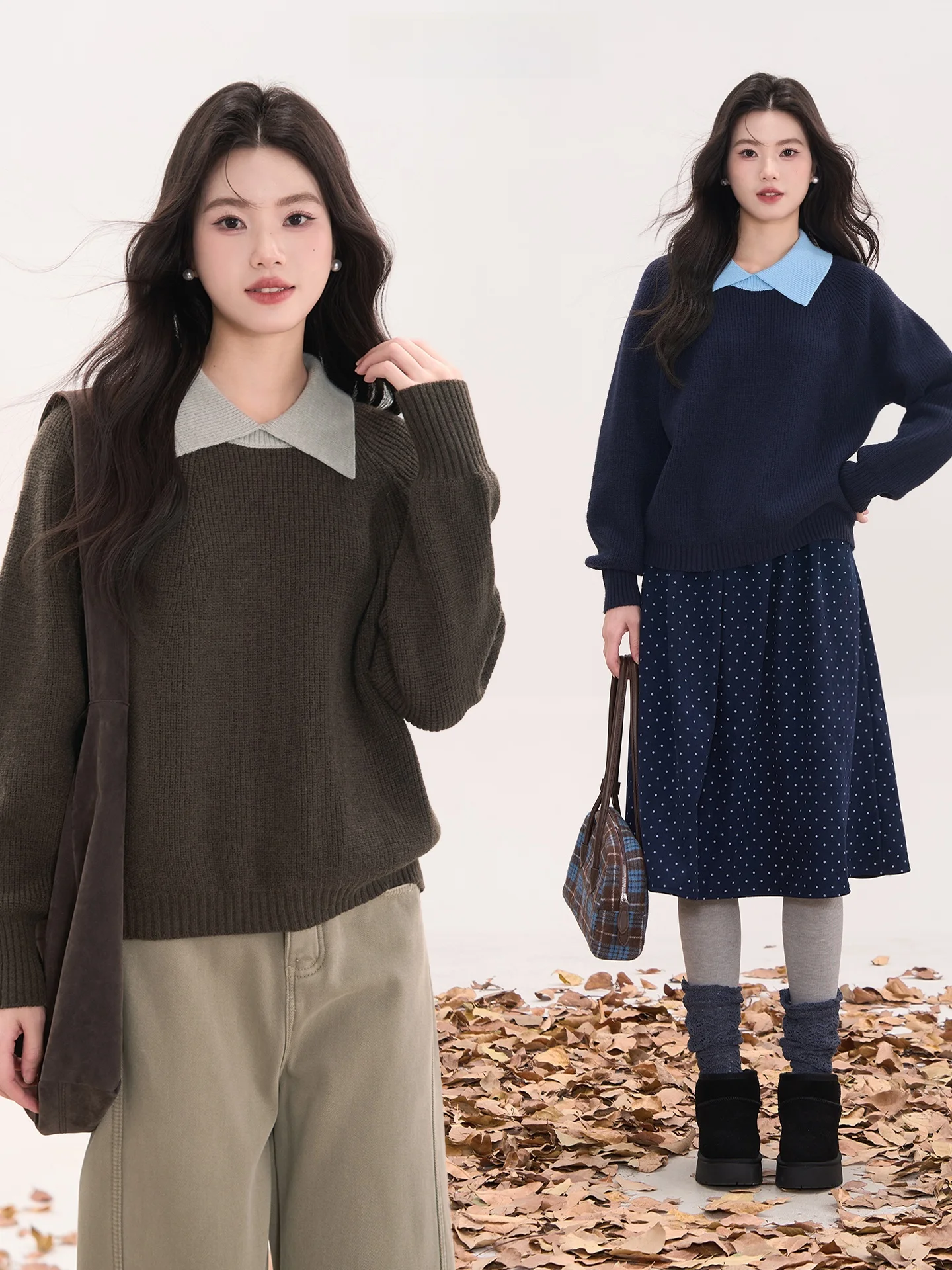 

Универсальный вязаный свитер с воротником для женщин, дизайн «Куки Мун», повседневный свободный крой, теплый топ с длинными рукавами для осени и зимы