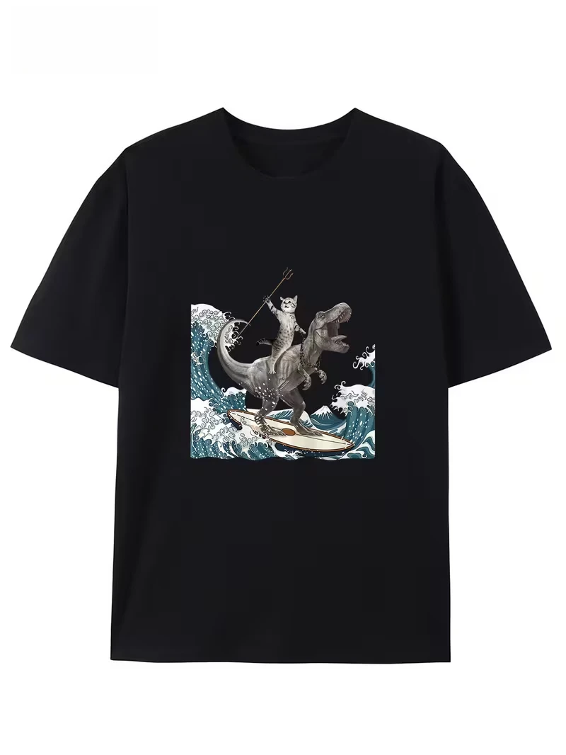 Funny Print Crew Neck T-Shirt with Surfing Dinosaur and Cat Adventure,Summer Fashion Short Sleeve,Unisex Casual Daily Style To