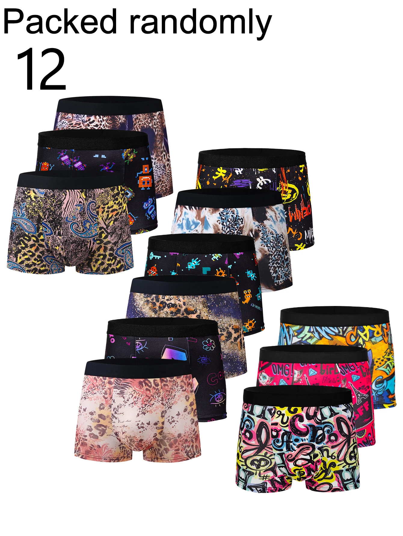 12-Pack Men's Personality Leopard Print Graffiti Boxer Shorts Elastic Wide Waist Random Color Shipping Daily Wear Youth Underwea