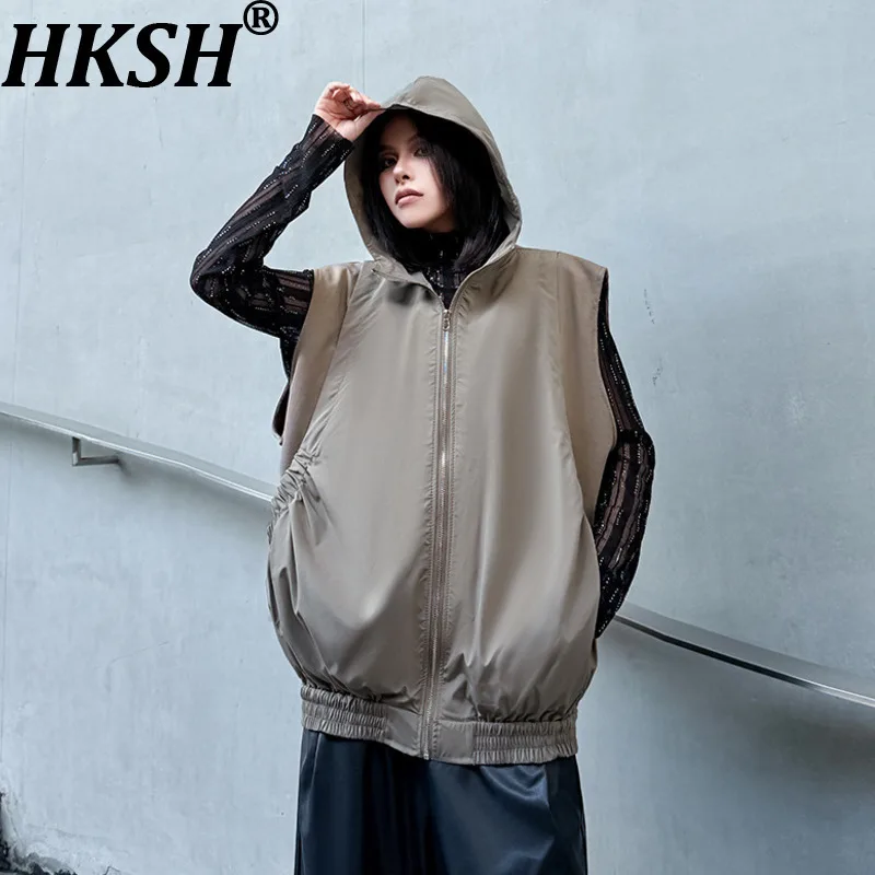 

HKSH 2023, осенне-зимний новый женский жилет с капюшоном на молнии, плиссированный лоскутный универсальный уличный стиль, шикарное пальто без рукавов HK14932