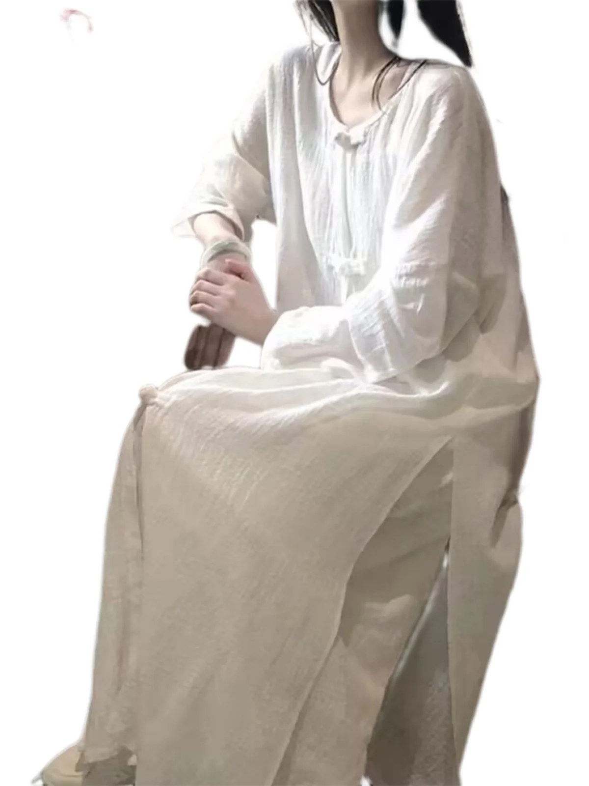 新中式スレクールセンセーション国民的トレンドセット女性用春秋禅コットンリネン茶服トップワイドレッグパンツツーピース...