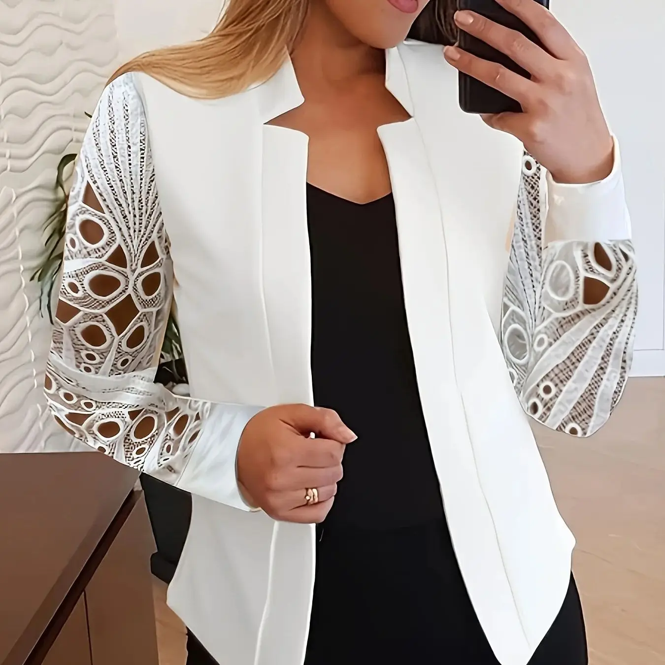 Women Solid Lace Full Sleeve Tailored Coats Strand Collar Cardigan Blazer Regular Fir Office Ladies Jackets Autumn 2023