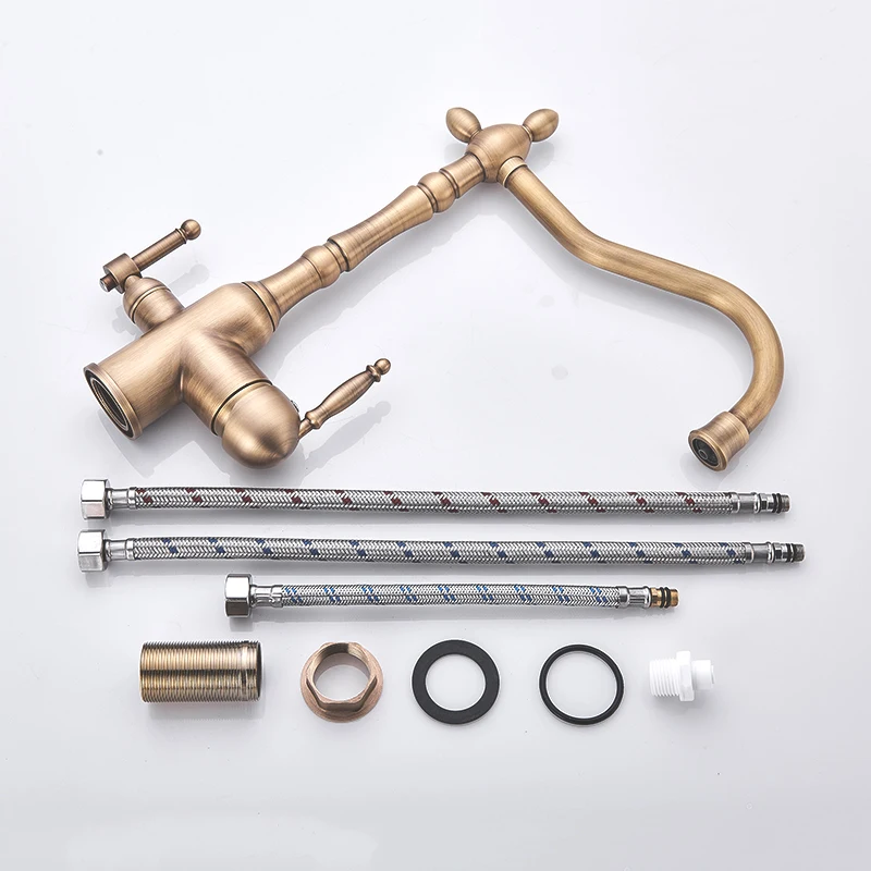 Antique Brass Filter Kitchen Faucet Drinking Pure Water Kitchen Tap Deck Mounted Dual Handles 3-Ways Hot and Cold Water Mixer