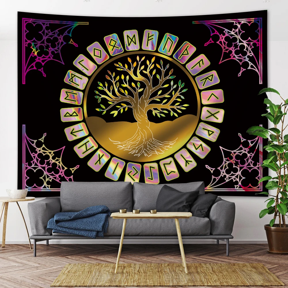 Viking Mystic Symbols Tarot Home Decor Tapestry Psychedelic Scenes Hippie Boho Wall Hanging Room Wall Decor Yoga Mat Sheets