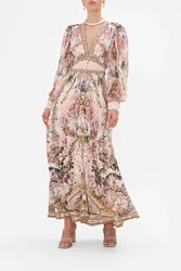 Women Flower Printed V-Neck Beaded Long Sleeve Slim Waist 100% Silk Maxi Dress