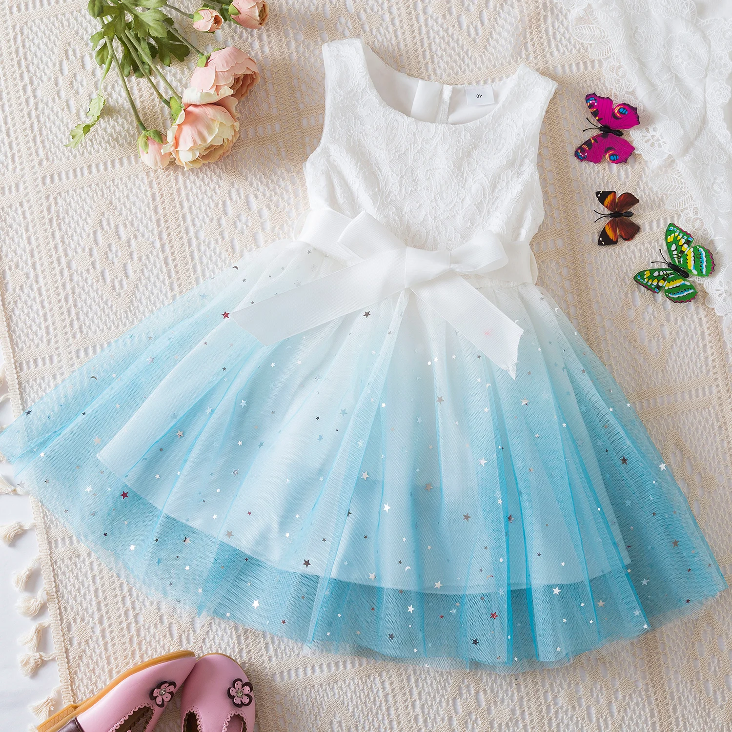 Dress for Kids Girls 2024 New Summer Clothes for 3-8Y Children Clothing Pink Ombre Princess Casual Dress for Birthday Party Wear