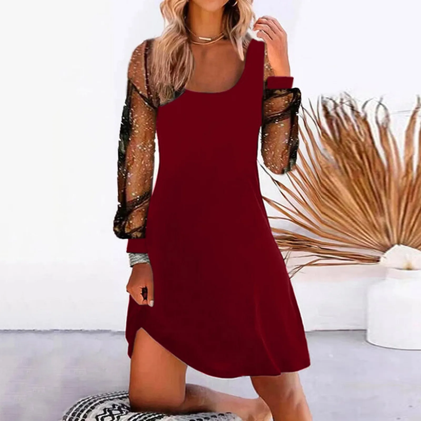 

Casual Dress For Women Spring Summer Mesh Patchwork Long-sleeved Loose Square Neck Dress Ladies Daily Office Elegant Dresses