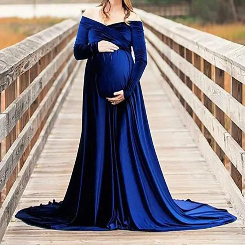 

Autumn New Maternity Dresses For Photography Winter Sexy Velvet V-Neck Mopping Long Dress For Pregnant Women Party Costume