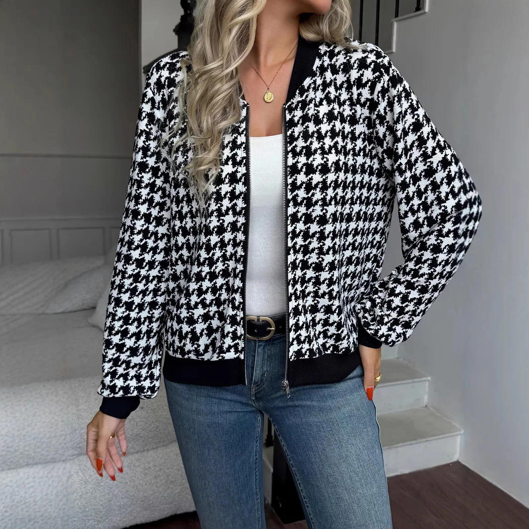 

Women Thousand-Bird Lattice Printed Loose Slim Jackets Street Fashion Long Sleeve Zipper Coats Ladies Cardigan Elegant Outwear