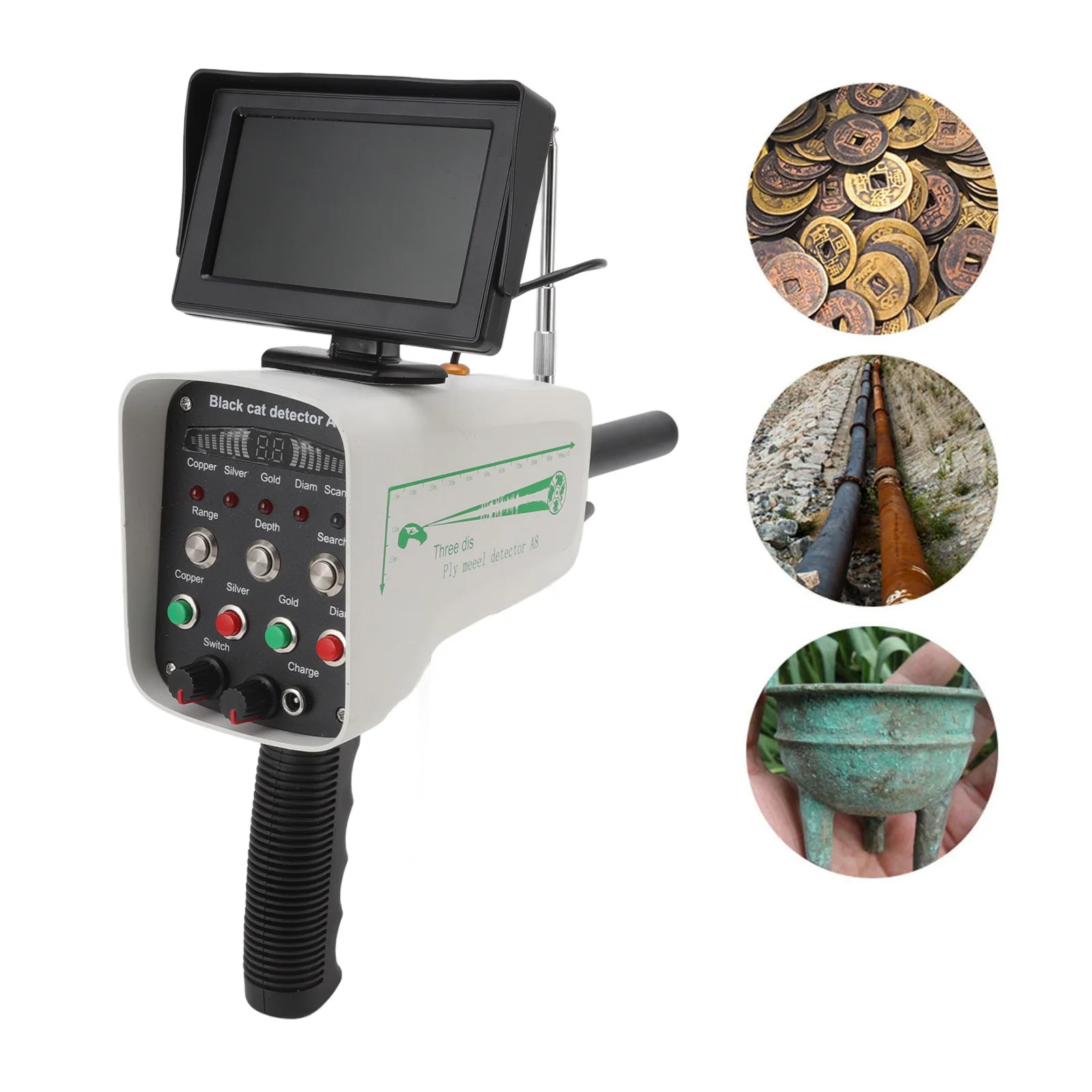30m Depth Metal Locator 1000m Range Underground Metal Detection Finder with Display for Gold Treasures White
