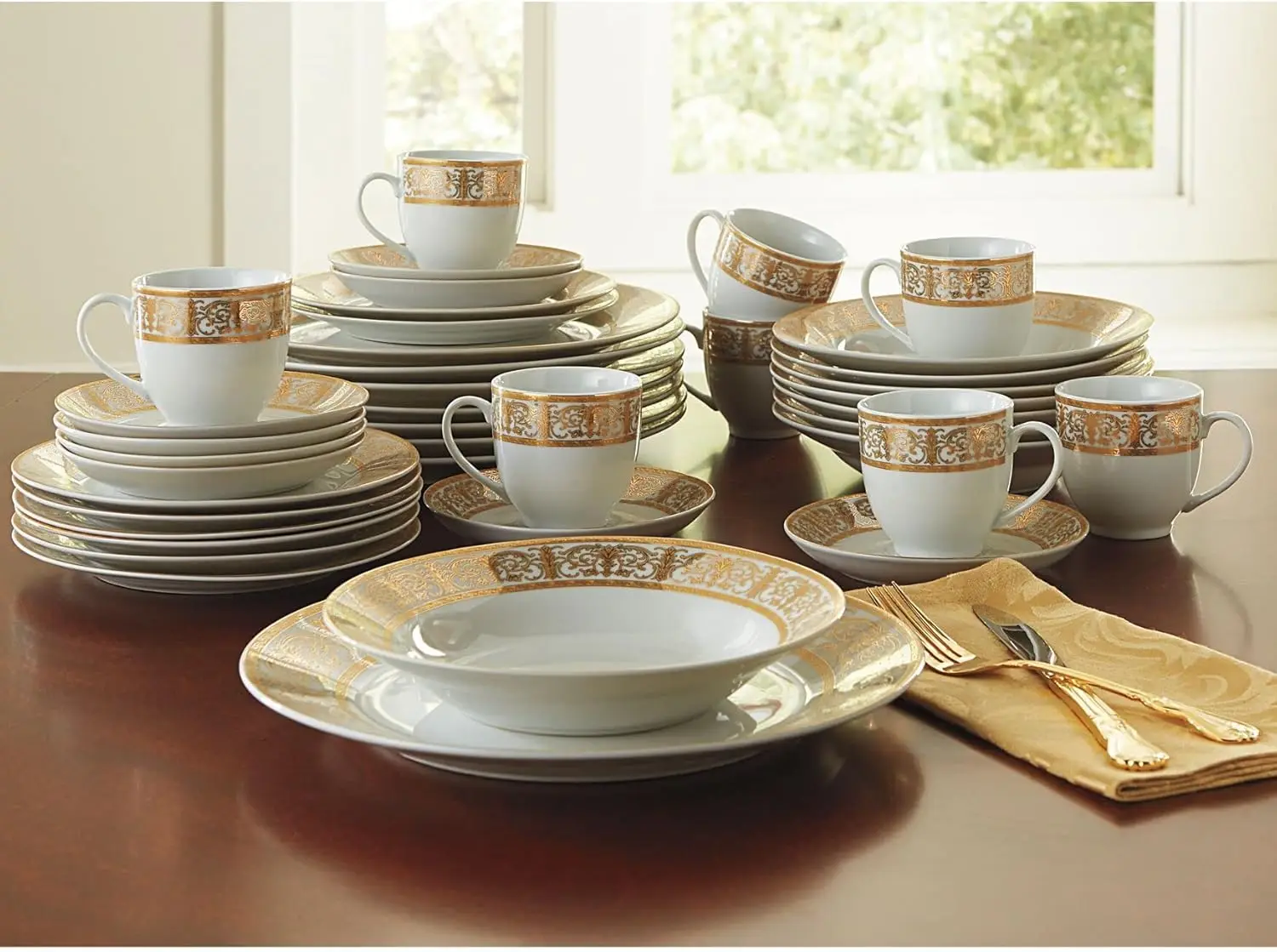 Medici 40-Piece Premium Golden Porcelain Dinnerware Gold White Set (Service For 8) Includes Dinner Dessert Plates Bowls Saucers