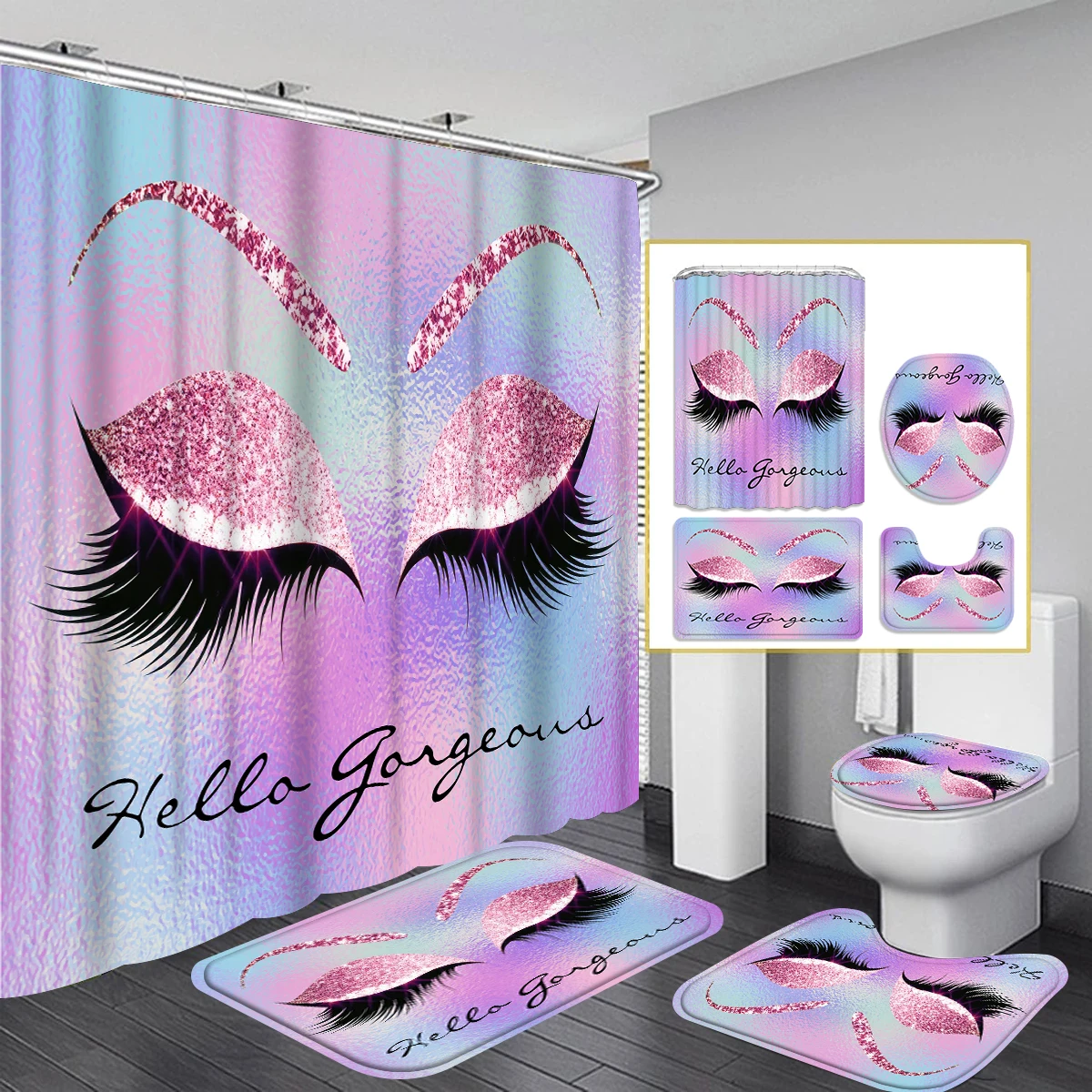 1/4PC eyelash eye shadow pattern waterproof shower curtain or waterproof anti-slip shower curtain set, free 12 hooks