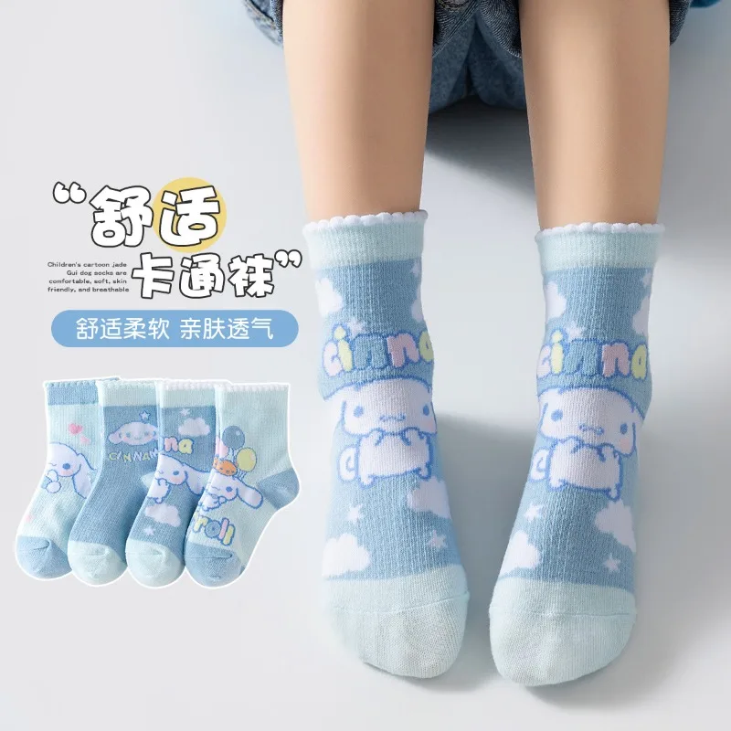 

4Pairs Sanrio Cinnamoroll Kids Socks New Fall Kawaii Cute Cartoon Children Middle Tube Cotton Sock for Girls and Boys Gifts