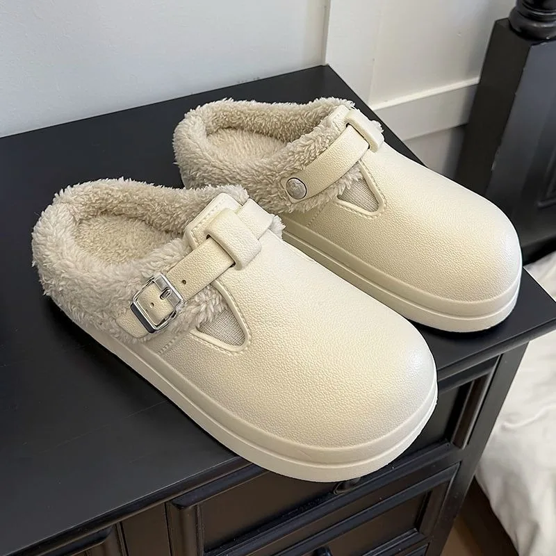 2026 Zapatillas EVA impermeables de invierno para mujer, pantuflas peludas de felpa cálidas, toboganes interiores con hebilla de Metal de fondo grueso antideslizante