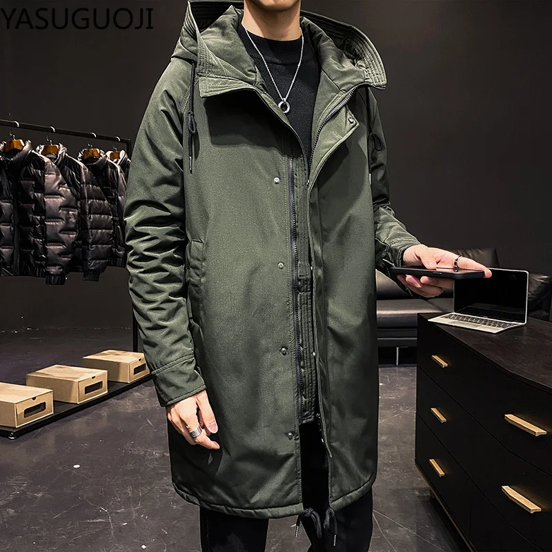 YASUGUOJI Mens Autumn and Winter Thicken Hooded Windbreaker 2024 Military Army Green Long Jacket Male Denim Trench Coat For Men