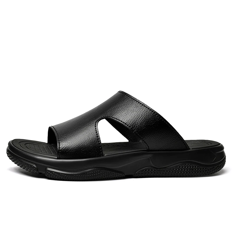 Men's Leather Slide Sandals Non-slip Thick Sole Casual Slippers Summer Outdoor Beach Shoes Breathable Lightweight Footwear
