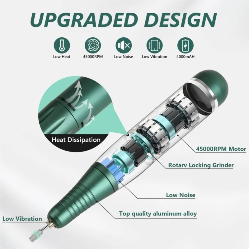 45000 RPM Elektrische Nagelboormachine Oplaadbare Nagelvijler voor Acryl Nagel Gel Nagels Manicure Pedicure Polijsten Vorm Gereedschap