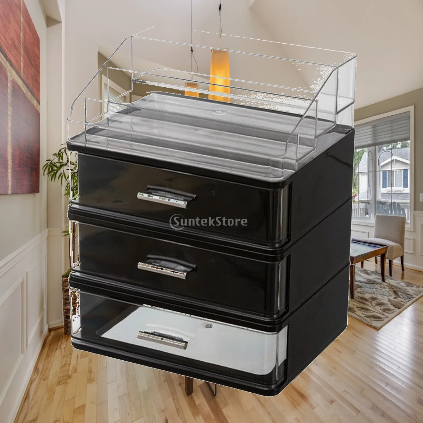 Vanity Organizer with Clear Top Compartment Fully Assembled Desktop Cosmetic Organizer Makeup Storage Box Multifunctional