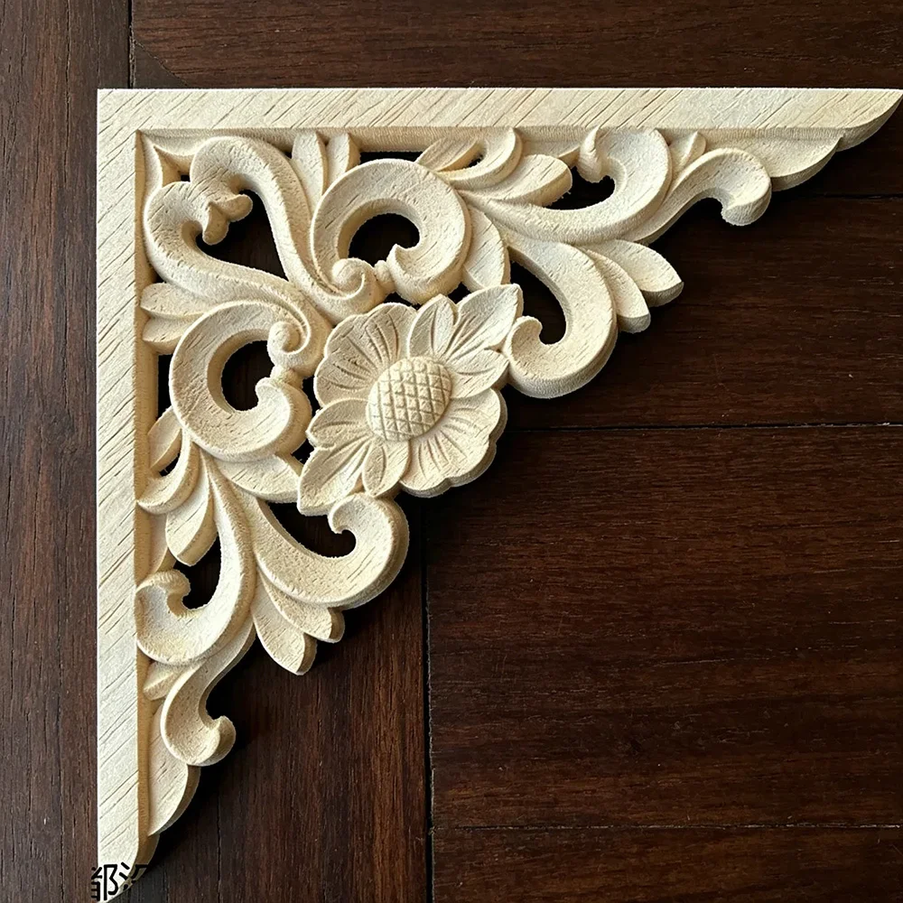 4PCS Wood Flower Carved Decal Corner Onlay Applique Frame Door Furniture Wall Unpainted for Home Cabinet Door Decor