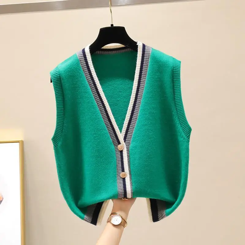 Contrast Color V-neck Sleeveless Knitted Women\'s Trendy Fashion 2023 Autumn Winter Preppy Style Cardigan Button Vest Coat Tops